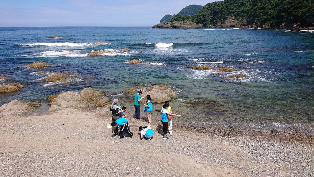 写真：砂浜で環境DNA採取作業をするKIDS+と職員（引き）
